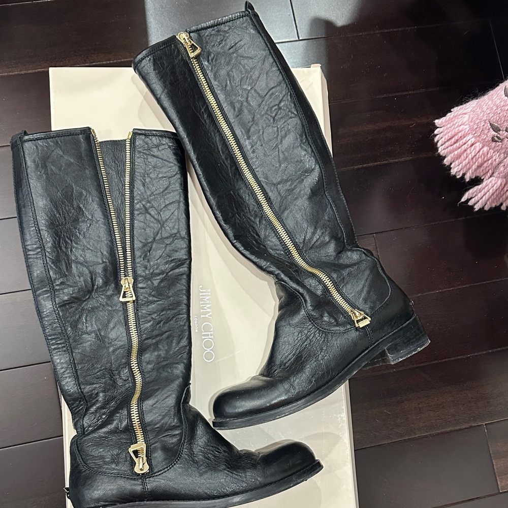 Jimmy Choo Black Leather Boots with Gold Zippers